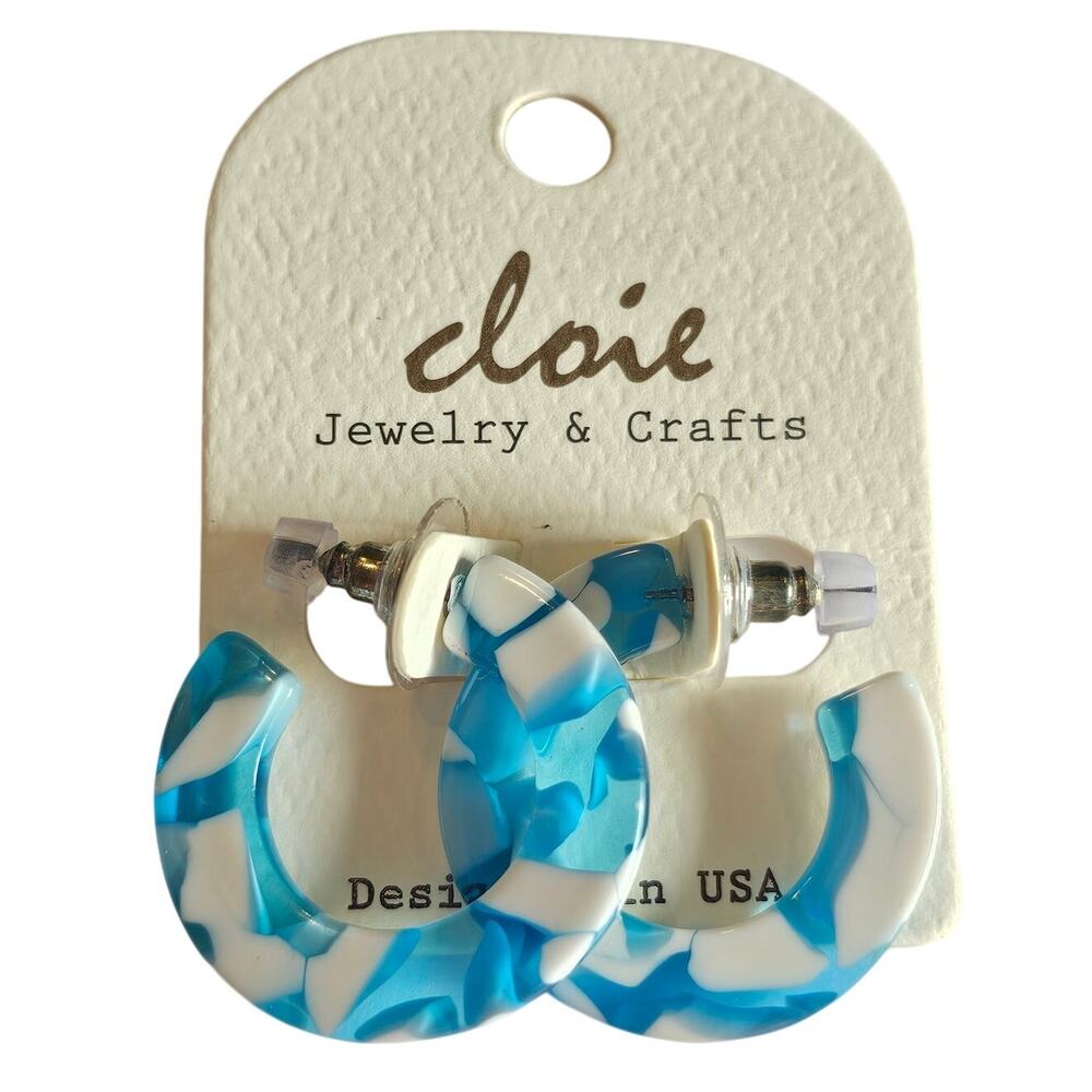 Blue White Resin Hoop Earrings Marbled Acrylic 1.16" Chunky Pierced w/ Gift bag